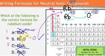 Writing Formulas for Neutral lonic Compounds
Which of the following is
the correct formula for
rubidium oxide?
1
ما
A. RDO
H
B. RD₂0-0
5 C. R50₂
D. RO
2
3
4
5
6
7
اید
ΤΑ
1-² 0-1
2A
9490122
Mg
13291 137.33
Rb.
Rb
Lanthanide
#Actinide
3B 4B 5B 6B 7B 8B 9B 10B IIB 12B
4
5
10
12
2628SRCS&L
4007 44.95647367 50.942 51.996 54.938 55.845 58.933 58.5 63.546
4538
41
48
762906 91224 92.906 45.95 (96) 1007 102.91 1064210737 11241
O
2
(MD) (270)
27
178.49 1805 183.84 186.21 190.23 192.22 1950 196.97 300.39
110 III 112
(285)
METAL ATOMS
Groups 1A, 2A, 3A:
charge = + group A number