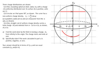 ### Charge Distributions and Work Done by an Electric Field

**Introduction to Charge Distributions:**

Three charge distributions are depicted in the diagram.

1. **Spherical Shell:**
   - A thin, insulating spherical shell with a radius of \(3a\).
   - It has a charge of \(-2Q\) uniformly distributed over its surface (where \(Q\) is positive, and the units are in Coulombs).

2. **Circular Arc:**
   - A circular arc that spans \(90^\circ\).
   - The curve has a non-uniform charge density given by \(\lambda_c = \left(\frac{Q}{a}\right) \sin \phi\), where \(a\) is positive, and \(\phi\) is the angle measured from the \(-x\) axis.

3. **Straight Rod:**
   - A thin, straight rod with uniform charge density.
   - The rod carries a total charge of \(-3Q\) and extends from \(x = -2a\) to \(x = 2a\) at \(y = 2a\).

**Problem Statement:**

a) Calculate the work done by the electric field in moving a charge \(-Q\) from infinity to the origin. Assume the charge starts and ends at rest.

b) Determine whether the work calculated in part (a) is positive, negative, or zero.

**Guidelines for Solutions:**

- Your answers should include the variables \(Q\), \(a\), and relevant constants such as \(\varepsilon_0\) (the permittivity of free space) and/or \(k\) (Coulomb's constant).

**Diagram Overview:**

- The diagram features a coordinate system with axes labeled \(x\) and \(y\).
- The spherical shell is centered at the origin and has its surface extending out to a radius of \(3a\).
- The circular arc spans the lower right quadrant of the shell from the negative \(x\)-axis, highlighted in red.
- The straight rod is shown as a horizontal line segment above the x-axis from \(-2a\) to \(2a\), at a height of \(y = 2a\) (highlighted in red).

This setup is used to explore the concept of electric fields and the work associated with moving charges in various electric field configurations.