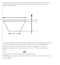 A vertical dam has the form of an isosceles trapezoid with horizontal sides parallel. The dam is 25 m
high, 20 m in its lower part and 40 m in its upper part. Finally, the dam retains 15 m of water, as
indicated in the figure below.
-40
25
15
-20
a) Let y denote the height in meters measured from the base of the dam. The hydrostatic force exerted
by the water on the portion of the dam comprised between y m and y + Ay m is approximately
P(y) Ay N. What is p (y)? Note that the density of water is p = 1000 Kg/ m3 and the
acceleration due to gravity on the earth's surface is g = 9.8 m /s2. Express your answer as a
formula.
Answer:
b) In Newtons, what is the total hydrostatic force exerted on the dam?
FORMATTING: If you round your answer, ensure that the round-off error is less than 1% of the value.
Answer: 220500
