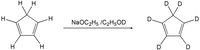 ### Transcription and Explanation

#### Chemical Reaction

The image illustrates a chemical reaction involving the conversion of cyclopentadiene to a deuterated cyclopentadiene.

- **Reactant:** Cyclopentadiene (C₅H₆)
  - Structure: A five-membered carbon ring with two conjugated double bonds (a diene) and one hydrogen atom attached to each carbon in the ring.

- **Reagent:** Sodium ethoxide in deuterated ethanol (NaOC₂H₅/C₂H₅OD)
  - This reagent is used to exchange hydrogen atoms with deuterium atoms.

- **Product:** Deuterated Cyclopentadiene (C₅D₆)
  - Structure: Similar five-membered carbon ring with two conjugated double bonds. Each hydrogen atom in the original compound is substituted with a deuterium atom, represented by "D".

#### Reaction Mechanism
The reaction involves the deprotonation of cyclopentadiene to form a cyclopentadienyl anion, followed by the exchange of hydrogen atoms for deuterium atoms due to the presence of NaOC₂H₅/C₂H₅OD.

This reaction is an example of a deuterium exchange process, often used in organic chemistry to incorporate deuterium into molecules for studying reaction mechanisms or for use in spectroscopy.