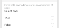 Firms hold planned inventories in anticipation of
sales.
Select one:
True
False
