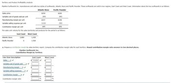 Territory and Product Profitability Analysis
Pipeline Surfboards Inc. manufactures and sells two styles of surfboards, Atlantic Wave and Pacific Pounder. These surfboards are sold in two regions, East Coast and West Coast. Information about the two surfboards is as follows:
Atlantic Wave Pacific Pounder
Sales price
$250
$200
Variable cost of goods sold per unit
(93)
(92)
Manufacturing margin per unit
$157
$108
Variable selling expense per unit
(112)
(52)
Contribution margin per unit
$45
$56
The sales unit volume for the sales territories and products for the period is as follows:
Atlantic Wave
Pacific Pounder
East Coast West Coast
2,860
0
1,430
1,430
a. Prepare a contribution margin by sales territory report. Compute the contribution margin ratio for each territory. Round contribution margin ratio answers to two decimal places.
Pipeline Surfboards Inc.
Contribution Margin by Territory
Line Item Description
Sales
▾✔
Variable cost of goods sold
Manufacturing margin
Variable selling expenses
East Coast
West Coast
715,000
Contribution margin
%
%
Contribution margin ratio