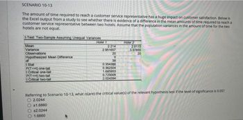 SCENARIO 10-13
The amount of time required to reach a customer service representative has a huge impact on customer satisfaction. Below is
the Excel output from a study to see whether there is evidence of a difference in the mean amounts of time required to reach a
customer service representative between two hotels. Assume that the population variances in the amount of time for the two
hotels are not equal.
t-Test: Two-Sample Assuming Unequal Variances
Mean
Variance
Observations
Hotel 1
Hotel 2
2.214
2.951657
20
2.0115
3.57855
20
Hypothesized Mean Difference
0
df
38
t Stat
0.354386
0.362504
1.685953
0.725009
2.024394
P(T<t) one-tail
t Critical one-tail
P(Tt) two-tail
t Critical two-tail
Referring to Scenario 10-13, what is(are) the critical value(s) of the relevant hypothesis test if the level of significance is 0.05?
O2.0244
±1.6860
±2.0244
1.6860.