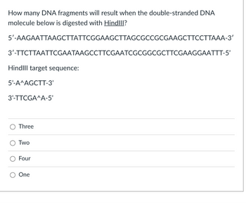 How many DNA fragments will result when the double-stranded DNA
molecule below is digested with Hindill?
5'-AAGAATTAAGCTTATTCGGAAGCTTAGCGCCGCGAAGCTTCCTTAAA-3′
3'-TTCTTAATTCGAATAAGCCTTCGAATCGCGGCGCTTCGAAGGAATTT-5'
HindIll target sequence:
5'-A^AGCTT-3'
3'-TTCGA^A-5'
Three
Two
Four
One