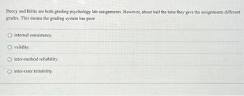 Darcy and Billie are both grading psychology lab assignments. However, about half the time they give the assignments different
grades. This means the grading system has poor
internal consistency.
validity.
inter-method reliability.
O inter-rater reliability.