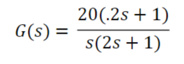 The image presents a transfer function in control systems, expressed in the Laplace domain:

\[ G(s) = \frac{20(0.2s + 1)}{s(2s + 1)} \]

### Explanation:

- **Numerator**: The numerator of the transfer function is \(20(0.2s + 1)\). This represents the zeros and gain of the system. 
- **Denominator**: The denominator is \(s(2s + 1)\), indicating the poles of the system.

### Components:

1. **Zeros**: A zero at \(s = -5\) derived from \(0.2s + 1 = 0\).
2. **Poles**:
   - One pole at \(s = 0\).
   - Another pole at \(s = -\frac{1}{2}\) from \(2s + 1 = 0\).

This type of function is used to model and analyze the behavior of dynamic systems.