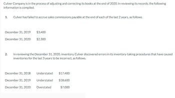 Culver Company is in the process of adjusting and correcting its books at the end of 2020. In reviewing its records, the following
information is compiled.
1. Culver has failed to accrue sales commissions payable at the end of each of the last 2 years, as follows.
December 31, 2019
December 31, 2020
2.
$3,400
$2,300
In reviewing the December 31, 2020, inventory, Culver discovered errors in its inventory-taking procedures that have caused
inventories for the last 3 years to be incorrect, as follows.
December 31, 2018
December 31, 2019
December 31, 2020
Understated
$17,400
Understated $18,600
Overstated
$7,000