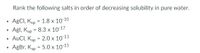 Rank the following salts in order of decreasing solubility in pure water.
AGCI, Kp = 1.8 x 10-10
Agl, Ksp = 8.3 x 10-17
AuCI, Ksp = 2.0 x 10-13
AgBr, Ksp = 5.0 x 10-15
%3D

