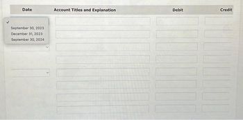 Date
September 30, 2023
December 31, 2023
September 30, 2024
Account Titles and Explanation
Debit
Credit