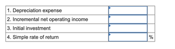 ### Financial Analysis Table

This table outlines the components necessary for determining the simple rate of return on an investment. Each row represents a specific financial metric that contributes to the calculation:

1. **Depreciation Expense**: This refers to the allocated decrease in value of an asset over its useful life. It is crucial for determining tax deductions and assessing asset value loss.

2. **Incremental Net Operating Income**: Represents the additional income generated from an investment after deducting operating expenses. It highlights the profitability increase due to the investment.

3. **Initial Investment**: The total amount of money invested upfront to acquire an asset or start a project.

4. **Simple Rate of Return**: This percentage reflects the ratio of incremental net operating income to the initial investment, showcasing the investment’s profitability.

The final column is reserved for recording the percentage value of the Simple Rate of Return.