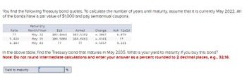 You find the following Treasury bond quotes. To calculate the number of years until maturity, assume that it is currently May 2022. All
of the bonds have a par value of $1,000 and pay semiannual coupons.
Rate
??
5.424
6.183
Maturity
Month/Year
May 32
May 35
May 41
Yield to maturity
Bid
103.4664
Asked
103.5392
104.5004 104.6461
Change
+.3867
+.4341
+.5457
In the above table, find the Treasury bond that matures in May 2035. What is your yield to maturity if you buy this bond?
Note: Do not round Intermediate calculations and enter your answer as a percent rounded to 2 decimal places, e.g., 32.16.
96
Ask Yield
6.879
??
4.111