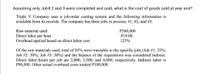 Assuming only Job# 2 and 3 were completed and sold, what is the cost of goods sold at year end?
Triple V Company uses a job-order costing system and the following information is
available from its records. The company has three jobs in process: #1, #2, and #3.
Raw material used
P260,000
P19.00
Direct labor per hour
Overhead applied based on direct labor cost
125%
Of the raw materials used, total of 85% were traceable to the specific jobs (Job #1: 25%;
Job #2: 30%; Job #3: 30%) and the balance of the requisitions was considered indirect.
Direct labor hours per job are 2,800; 3,300; and 4,000; respectively. Indirect labor is
P90,000. Other actual overhead costs totaled P100,000.
