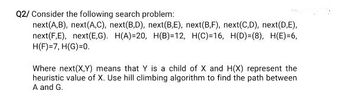 Q2/ Consider the following search problem:
next(A,B), next(A,C), next(B,D), next(B,E), next(B,F), next(C,D), next(D,E),
next(F,E), next(E,G). H(A)=20, H(B)=12, H(C)=16, H(D)-(8), H(E)=6,
H(F)=7, H(G)=0.
Where next(X,Y) means that Y is a child of X and H(X) represent the
heuristic value of X. Use hill climbing algorithm to find the path between
A and G.