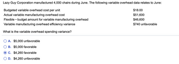 Lazy Guy Corporation manufactured 4,000 chairs during June. The following variable overhead data relates to June:
Budgeted variable overhead cost per unit
$18.00
Actual variable manufacturing overhead cost
$51,600
$46,600
Flexible - budget amount for variable manufacturing overhead
Variable manufacturing overhead efficiency variance
$740 unfavorable
What is the variable overhead spending variance?
A. $5,000 unfavorable
B. $5,000 favorable
C. $4,260 favorable
D. $4,260 unfavorable