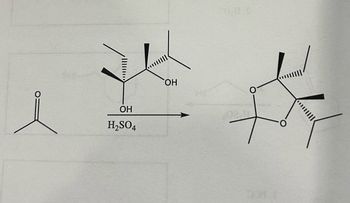 ### Organic Chemistry Reaction Diagram

This diagram illustrates a chemical reaction commonly studied in organic chemistry involving cyclization. 

#### Reactants:
- **Acetone (leftmost structure):** Represented as a simple ketone with a carbonyl group (C=O) bonded to two methyl groups.
- **Terpene-like alcohol (center structure):** A more complex structure containing hydroxyl groups (OH) on a carbon chain that exhibits stereochemistry with wedge and dash bonds indicating 3D orientation.

#### Reagent:
- **Sulfuric Acid (H₂SO₄):** A catalyst shown below the central structure, indicating its role in facilitating the reaction.

#### Reaction Process:
- An arrow points from the reactants to the product, indicating the transformation facilitated by sulfuric acid.

#### Product:
- **Cyclic Ether (rightmost structure):** A compound containing multiple rings formed through intramolecular reactions where hydroxyl groups were involved in forming ether linkages. The structure maintains stereochemistry as shown by the wedge and dash bonds.

This reaction represents a cyclization process where a linear molecule is converted into a cyclic structure with the help of an acid catalyst. Such transformations are significant in synthesizing complex natural products and pharmaceuticals.