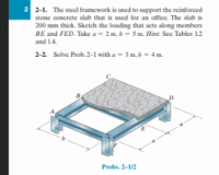 2-1. The steel framework is used to support the reinforced
stone concrete slab that is used for an office. The slab is
200 mm thick. Sketch the loading that acts along members
BE and FED. Take a= 2m. b= 5 m. Hint See Tables 12
and 1.4.
2-2 Solve Prob. 2-1 with a = 3 m, b = 4 m.
