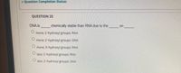 Question Completion Status:
QUESTION 25
DNA is
chemically stable than RNA due to the
on
more: 2-hydroxyl groups: RNA
more: 2'-hydroxyl groups: DNA
more; 3'-hydroxyl groups: RNA
less: 2'-hydroxyl groups: RNA
less: 2'-hydroxyl groups: DNA
