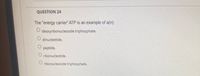 **Question 24**

The "energy carrier" ATP is an example of a(n):

- ○ deoxyribonucleoside triphosphate.
- ○ dinucleotide.
- ○ peptide.
- ○ ribonucleotide.
- ○ ribonucleoside triphosphate.