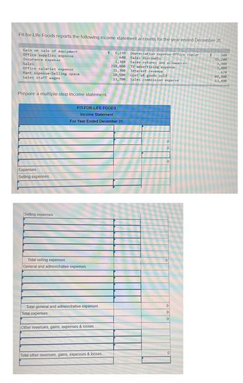 Fit-for-Life Foods reports the following income statement accounts for the year ended December 31.
Gain on sale of equipment
Office supplies expense
Insurance expense
Sales
Office salaries expense
Rent expense-Selling space
Sales staff wages
Prepare a multiple-step income statement.
Expenses
Selling expenses
Selling expenses
Total selling expenses
General and administrative expenses
FIT-FOR-LIFE FOODS
Income Statement
For Year Ended December 31
Total general and administrative expenses
Total expenses
Other revenues, gains, expenses & losses
$
Total other revenues, gains, expenses & losses
6,230
640
1,380
218,000
31,300
10,500
23,700
Depreciation expense-Office copier
Sales discounts
Sales returns and allowances
TV advertising expense
Interest revenue
Cost of goods sold
Sales commission expense
0
0
0
0
0
0
0
0
$
500
15,200
3,900
3,000
670
89,900
13,400