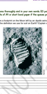 lons thoroughly and In your own words. (10 pol
ts of A4 or short bond paper if the spaces pr
s a footprint on the Moon left by an Apollo astro
the definition we use for soil on Earth? Explain v
NASA
