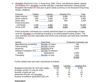 II. Wongtien Electronics Corp. in Hong Kong, SAR, China, manufactures tablets, laptops
and desktop PCs. Wongtien currently operates a standard absorption costing system.
Budgeted information for next year is given below (currency in one thousand Hong Kong
Dollars, HK$000):
Desktop PCs
9,880
2,200
800
Products
Sales revenue
Tablets
3,640
800
300
Laptops
12,480
2,800
Total
26,000
5,800
2,300
Direct material
Direct labor
Fixed production
overheads
1,456
1,084
4.992
3.488
3,952
2,928
10,400
7,500
Gross profit
Fixed production overheads are currently absorbed based on a percentage of sales
revenue. Wongtien is considering changing to an activity-based costing system. The
main activities and their associated cost drivers and overhead cost have been identified
as follows:
Cost driver
Production overhead cost
Activity
Manufacturing scheduling wNumber of orders
Parts handling
Assembly
Software installation and
testing
Packaging
162
Number of parts
Assembly time
wNumber of software
applications
Number of units
2,464
4,472
2,000
1,302
10,400
Further details have also been ascertained as follows:
Desktop PCs
6,000
4
Tablets
Laptops
12,000
Budgeted production for next year (units). 10,000
Average number of units per order
Number of parts per unit
Assembly time per unit (minutes)n
Number of software applications per unit.
10
20
35
25
20
40
30
3
4
Instructions
