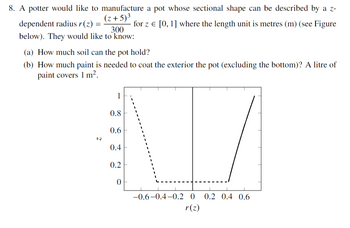 8. A potter would like to manufacture a pot whose sectional shape can be described by a z-
(z+5)³
for z = [0, 1] where the length unit is metres (m) (see Figure
dependent radius r(z) =
300
below). They would like to know:
(a) How much soil can the pot hold?
(b) How much paint is needed to coat the exterior the pot (excluding the bottom)? A litre of
paint covers 1 m².
1
0.8
0.6
0.4
0.2
0
-0.6-0.4-0.2 0 0.2 0.4 0.6
r(z)