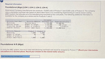 Required information
Foundational (Algo) [LO4-1, LO4-2, LO4-3, LO4-4]
Greenwood Company manufactures two products-13,000 units of Product Y and 5,000 units of Product Z. The company
uses a plantwide overhead rate based on direct labor-hours. It is considering implementing an activity-based costing.
(ABC) system that allocates all of its manufacturing overhead to four cost pools. The following additional information is
available for the company as a whole and for Products Y and Z:
Activity Cost Pool
Machining
Machine setups
Production design
General factory
Activity Measure
Machining
Number of setups
Number of products
Direct labor-hours
Estimated
Activity Measure Overhead Cost Expected Activity
Machine-hours
$ 228,000
12,000 MHS
Number of setups
Number of products
Direct labor-hours
$ 40,000
$ 74,000
$ 288,000
Product Y Product Z
7,000
40
1
7,000
5,000
60
1
5,000
100 setups
2 products
12,000 DLHS
Foundational 4-9 (Algo)
9. Using the ABC system, how much total manufacturing overhead cost would be assigned to Product Y? (Round your intermediate
calculations to 2 decimal places. Round your answers to the nearest dollar amount.)
Total manufacturing overhead cost