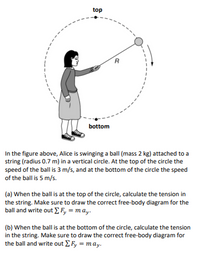 top
bottom
In the figure above, Alice is swinging a ball (mass 2 kg) attached to a
string (radius 0.7 m) in a vertical circle. At the top of the circle the
speed of the ball is 3 m/s, and at the bottom of the circle the speed
of the ball is 5 m/s.
(a) When the ball is at the top of the circle, calculate the tension in
the string. Make sure to draw the correct free-body diagram for the
ball and write out E F, = may.
(b) When the ball is at the bottom of the circle, calculate the tension
in the string. Make sure to draw the correct free-body diagram for
the ball and write out EF, = m ay.
