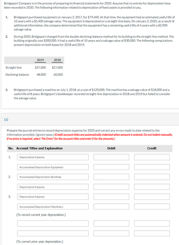 Bridgeport Company is in the process of preparing its financial statements for 2020. Assume that no entries for depreciation have
been recorded in 2020. The following information related to depreciation of fixed assets is provided to you.
1.
2.
3.
(a)
Straight-line
Declining-balance 48,000
Bridgeport purchased equipment on January 2, 2017, for $79,400. At that time, the equipment had an estimated useful life of
10 years with a $5,400 salvage value. The equipment is depreciated on a straight-line basis. On January 2, 2020, as a result of
additional information, the company determined that the equipment has a remaining useful life of 4 years with a $2,900
salvage value.
1.
During 2020, Bridgeport changed from the double-declining-balance method for its building to the straight-line method. The
building originally cost $300,000. It had a useful life of 10 years and a salvage value of $30,000. The following computations
present depreciation on both bases for 2018 and 2019.
2.
2019
3.
Prepare the journal entries to record depreciation expense for 2020 and correct any errors made to date related to the
information provided. (Ignore taxes.) (Credit account titles are automatically indented when amount is entered. Do not indent manually.
If no entry is required, select "No Entry" for the account titles and enter O for the amounts.)
$27,000 $27,000
60,000
No. Account Titles and Explanation
Bridgeport purchased a machine on July 1, 2018, at a cost of $120,000. The machine has a salvage value of $18,000 and a
useful life of 8 years. Bridgeport's bookkeeper recorded straight-line depreciation in 2018 and 2019 but failed to consider
the salvage value.
2018
Depreciation Expense
Accumulated Depreciation-Equipment
Accumulated Depreciation-Buildings
Depreciation Expense
Depreciation Expense
Accumulated Depreciation-Machinery
(To record current year depreciation.)
(To correct prior year depreciation.)
Debit
Credit