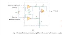 Noninverting input
R
R
Gain set
R
Output
RG
Gain set
R
Noninverting input v2
(a)
Fig. 4.32: (a) The instrumentation amplifier with an external resistance to adju
ww
