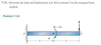 7-33. Determine the slope and displacement at C. EI is constant. Use the conjugate-beam
method.
Problem 7-33
A
U
B
Mo = Pa
a
P
C