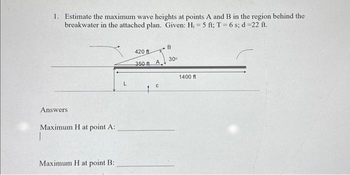 1. Estimate the maximum wave heights at points A and B in the region behind the
breakwater in the attached plan. Given: H₁ = 5 ft; T = 6s; d =22 ft.
Answers
Maximum H at point A:
T
Maximum H at point B:
420 ft
350 ft A
↑。
B
30⁰
1400 ft