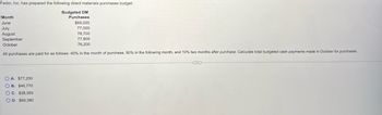 Fedor, Inc. has prepared the following direct materials purchases budget:
Budgeted DM
Purchases
$69.000
77,000
78,700
77,800
76,200
All purchases are paid for as follows: 40% in the month of purchase, 50% in the following month, and 10% two months after purchase. Calculate total budgeted cash payments made in October for purchases.
Month
June
July
August
September
October
OA. $77,250
OB. $46,770
OC. $38,350
O D. $69,380