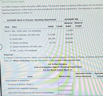 Cost of Production Report
Lui Coffee Company roasts and packs coffee beans. The process begins by placing coffee beans into the Roastin
Roasting Department, coffee beans are then transferred to the Packing Department. The following is a partial we
Roasting Department at March 31:
ACCOUNT Work in Process-Roasting Department
Date
Item
March 1 Bal., 4,600 units, 1/5 completed
31 Direct materials, 207,000 units
31 Direct labor
31 Factory overhead
31 Goods transferred, 207,000 units
31 Bal., ? units, 4/5 completed.
Units
Debit
517,500
100,700
25,156
Units charged to production:
Inventory in process, March 1
Received from materials storeroom
Credit
?
Total units accounted for by the Roasting Department
ACCOUNT NO.
Balance Balance
Debit
Credit
Required:
1. Prepare a cost of production report, and identify the missing amounts for Work in Process-Roasting Departme
enter "0". When computing cost per equivalent units, round to the nearest cent.
11,684
529,184
629,884
655,040
Lui Coffee Company
Cost of Production Report-Roasting Department
For the Month Ended March
?
' w
31
Whole Units
100
Equivalent Units
Direct Materials
Equivale
Conve