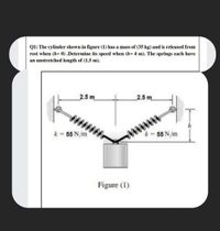 Q1: The cylinder shown in figure (1) has a mass of (35 kg) and is released from
rest when (h= 0).Determine its speed when (h= 4 m). The springs each have
an unstretched length of (1.5 m).
2.5 m
2.5 m
k = 55 N/m
k= 55 N/m
Figure (1)
