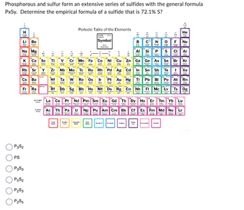 Phosphorous and sulfur form an extensive series of sulfides with the general formula
PxSy. Determine the empirical formula of a sulfide that is 72.1% S?
Li Be
PS
Na Mg
Rb
Fie
P3S₂
P3S3
P5S₂
P₂S3
P₂S5
Zr Nb Mo
Hf Ta
Pr
Ac Th Pa
Periodic Table of the Elements
P
Cr Mn Fe
Re Os
Symbol
Ru Rh Pd
Co Ni Cu
Godk
Ag Cd
PER 54 8 25k
Au
13
B
IWA
In Sn Sb
Nh
Nd Pm Sm Eu Gd Tb Dy Ho
U Np Pu Am Cm Bk
VIA
T
Al Si P
CI
Ar
Ga Ge As Se Br Kr
Te
Pb Bi Po
S
17 He
VM
L
Ne
STARE
Xe
Yb Lu
Fm Md No Lr