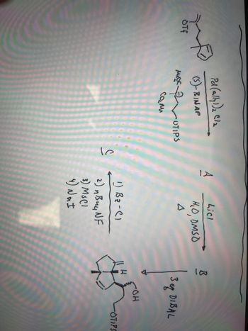 Off
Pd (ally) ₂ Cl₂
(S)-BINAP
лос.
сами
UTIPS
ال
A
Licl
H₂O, DMSO
4
1) B₂-C1
2) ивиц NF
3) MsC1
4) Na I
B
3 eg DIBAL
-OH
-OTTPS