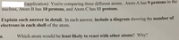 (application) You're comparing three different atoms. Atom A has 9 protons in the
nucleus, Atom B has 10 protons, and Atom C has 11 protons.
Explain each answer in detail. In each answer, include a diagram showing the number of
electrons in each shell of the atom.
a.
Which atom would be least likely to react with other atoms? Why?
