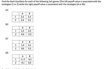 Find the Nash Equilibria for each of the following 2x2 games (The left payoff value is associated with the
strategies (1 or 2) while the right payoff value is associated with the strategies (A or B)):
(a)
(b)
(c)
(d)
B
1
3,3
2 4,4 5,5
1
2
1
2
1
2
A
2,2
24
A
B
2,5 0,3
4,0
-5,2
A
1,0
0,6
B
4,1
5,5
A
B
-1,-3 -3,2
-4,1 0,0