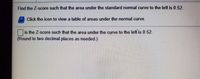 Find the Z-score such that the area under the standard normal curve to the left is 0.52.
Click the icon to view a table of areas under the normal curve.
is the Z-score such that the area under the curve to the left is 0.52.
(Round to two decimal places as needed.)
