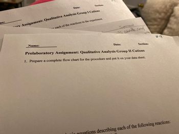 **Educational Resource: Prelaboratory Assignment for Qualitative Analysis of Group II Cations**

---

### Prelaboratory Assignment: Qualitative Analysis Group II Cations

**Name:** ___________________________________    **Date:** __________________

**Section:** ________________________________

1. **Prepare a complete flow chart for the procedure and put it on your data sheet.**

---

**Note:**

This assignment requires you to create a detailed flow chart outlining each step of the qualitative analysis procedure for Group II cations. Ensure that your flow chart is comprehensive and accurately represents all necessary steps and sequences. This will be a crucial part of your data sheet and will assist you significantly during the laboratory experiment.

---

**Instructions:**

- **Flow Chart Preparation:** Design a flow chart that includes all steps for identifying Group II cations. Include decision points, reagents added, and any expected observations at each step.
- **Data Sheet Inclusion:** Ensure that your prepared flow chart is clearly presented on your data sheet for easy reference during the lab session.

*End of Assignment Instructions*

--- 

Feel free to refer to your laboratory manual for further guidance on the steps and the specifics of the chemical reactions that will be conducted.