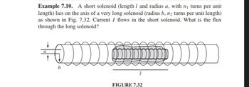 Example 7.10. A short solenoid (length / and radius a, with n₁ turns per unit
length) lies on the axis of a very long solenoid (radius b, n₂ turns per unit length)
as shown in Fig. 7.32. Current I flows in the short solenoid. What is the flux
through the long solenoid?
a
ಮು
FIGURE 7.32