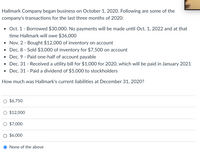 Hallmark Company began business on October 1, 2020. Following are some of the
company's transactions for the last three months of 2020:
• Oct. 1- Borrowed $30,000. No payments will be made until Oct. 1, 2022 and at that
time Hallmark will owe $36,000
• Nov. 2 - Bought $12,000 of inventory on account
• Dec. 8 - Sold $3,000 of inventory for $7,500 on account
Dec. 9 - Paid one-half of account payable
Dec. 31 - Received a utility bill for $1,000 for 2020, which will be paid in January 2021
Dec. 31 - Paid a dividend of $5,000 to stockholders
How much was Hallmark's current liabilities at December 31, 2020?
$6,750
$12,000
$7,000
$6,000
O None of the above
