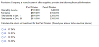 Provisions Company, a manufacturer of office supplies, provides the following financial information:
Pen Division
Pencil Division
Operating income
$100,000
$40,000
Net sales
$500,000
$150,000
Total assets at Jan. 1
$580,000
$610,000
$350,000
$300,000
Total assets at Dec. 31
Calculate the return on investment for the Pen Division. (Round your answer to two decimal places.)
O A. 17.24%
O B. 16.81%
O C. 12.31%
O D. 16.39%
