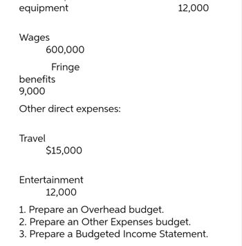 equipment
Wages
600,000
Fringe
benefits
9,000
Other direct expenses:
Travel
$15,000
Entertainment
12,000
12,000
1. Prepare an Overhead budget.
2. Prepare an Other Expenses budget.
3. Prepare a Budgeted Income Statement.