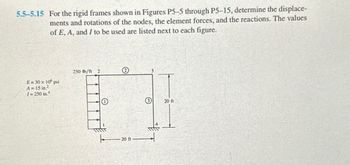 5.5-5.15 For the rigid frames shown in Figures P5-5 through P5-15, determine the displace-
ments and rotations of the nodes, the element forces, and the reactions. The values
of E, A, and I to be used are listed next to each figure.
E=30 × 10° psi
A= 15 in.2
1=250 in.4
250 lb/ft 2
20 ft
20 ft