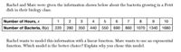 Rachel and Marc were given the information shown below about the bacteria growing in a Petri
dish in their biology class.
Number of Hours, x
6 7
2
3
4
5
8
9
10
Number of Bacteria, B(x) 220
| 280
350 | 440 | 550
690 | 860 | 1070 | 1340 | 1680
Rachel wants to model this information with a linear function. Marc wants to use an exponential
function. Which model is the better choice? Explain why you chose this model.
