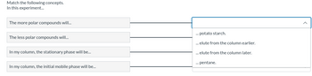 Match the following concepts.
In this experiment...
The more polar compounds will...
The less polar compounds will...
In my column, the stationary phase will be...
In my column, the initial mobile phase will be...
... potato starch.
... elute from the column earlier.
... elute from the column later.
... pentane.
Λ