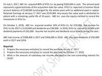 On July 1, 2017, ABC Inc. acquired 80% of XYZS Co. by paying $500,000 in cash. The amount paid
represents a good estimate of the acquisition date fair value. XYZS Co. reported a Common Stock
account balance of $140,000 (unchanged for the whole year) with no additional paid in capital.
Retained Earnings at January 1st 2017 was $235,000. Any excess fair value paid is attributed to
patent with a remaining useful life of 10 years. ABC Inc. uses the equity method to record the
investment in XYZS Co.
On October 1, 2018, ABC Inc. acquired another 10% of XYZS Co. for $70,000. Net Income for
XYZS Co for 2017 is $120,000 and dividends are $30,000. In 2018, XYZS Co. earned $126,000 with
dividend payments of $42,000. Assume net income and dividends occur evenly during the year.
ABC had income of $308,000 in 2017 and $364,000 in 2018. ABC also paid dividends of $50,000
each in 2017 and 2018.
Required:
1. Prepare the necessary entry(ies) to record the purchase on July 1st 2017.
2. Prepare the necessary entry(ies) to record the purchase on October 1st, 2018.
3. What is the amount of subsidiary net income allocated to the non-controlling interest for
2018?
