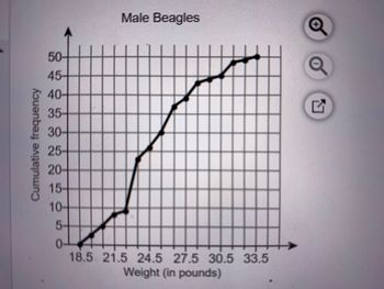 Cumulative frequency
50-
45-
40-
35-
30-
25-
20-
15-
10-
5-
Male Beagles
18.5 21.5 24.5 27.5 30.5 33.5
Weight (in pounds)
1